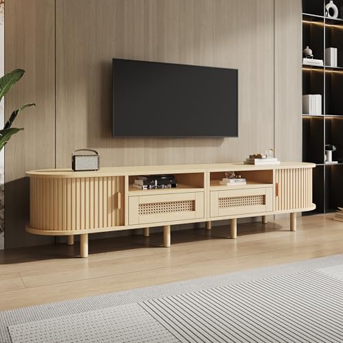 Worletty Mueble de TV, 170 x 40 x 40 cm, ovalado y mesa de televisión, con 2 cajones de diseño de ratán, 2 puertas correderas, mueble bajo y mesa de televisión de hasta 70 pulgadas, mueble de TV y