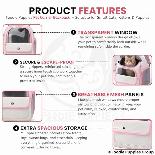 Image of Foodie Puppies Pet Carrier Backpack for Cats and Small Dogs - (Beige Pink) (41 x 33 x 24cm) l Transparent Window, Foldable Design with Pocket, Airline Approved Air Ventilation Travel Bag