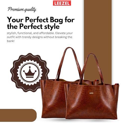 Image of LEEZEL Women's Structured Tote Bag - Large Capacity Work & Travel Purse Croco Pattern Vegan Leather Stylish Tote Bag Classic Everyday Shoulder Bag