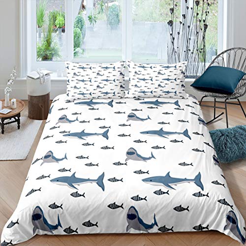 Juego de ropa de cama infantil con diseño de animales marinos azules y azules de 155 x 220 cm, con cremallera, microfibra