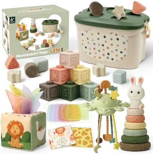 Montessori Baby Spielzeug ab 6 Monate 5 in 1 Sensorik Motorik Spielzeug Set | Baby Spielzeug ab 7 8 9 Monate mit Tücherbox Spielzeug, Bauklötze, Stapelringe, Lernspielzeug & Gesche