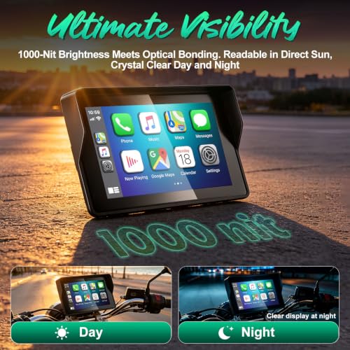 Image of YZW 5 Inch Motorcycle Carplay, GPS Navigation with Android Auto, Siri & Google Assistant /USB Cable /Bluetooth 5.2 /TMPS /Anti-Glare /Voice Control /IP69K Waterproof Touchscreen /Light Sensor /Magnetic Mount