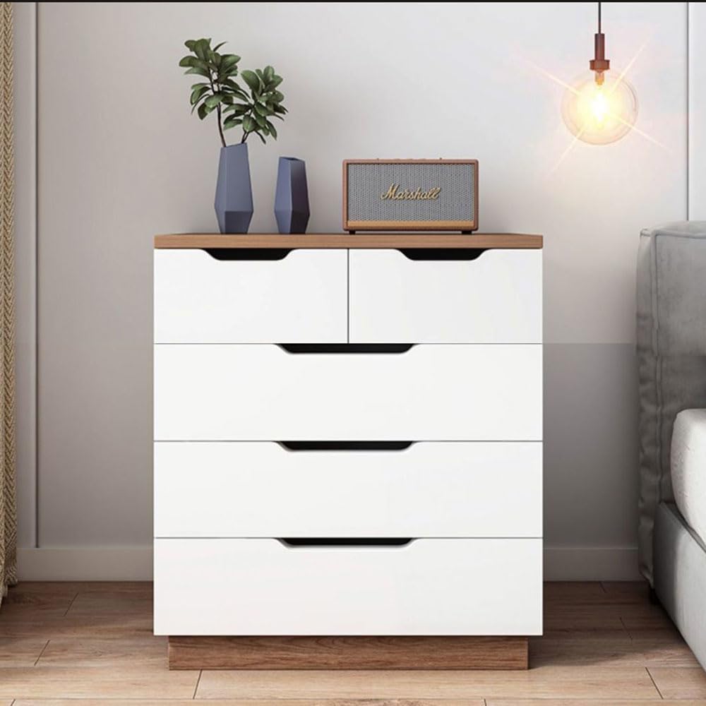IEW Chest of Drawers for Bedroom Living Room 5 Drawers Storage Cabinet for Home Office White Nightstand Table with Drawers Small Dresser Table MDF Wooden Bedside Table with Storage for Nursery Room