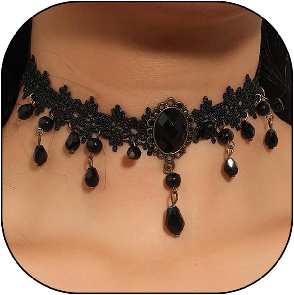Rrdaily Gothic Crystal Lace Pendant Necklace for Women Punk Adjustable Black Gemstone Statement Collarbone Chain Exaggerated Lace Choker Halloween Jewelry Gifts