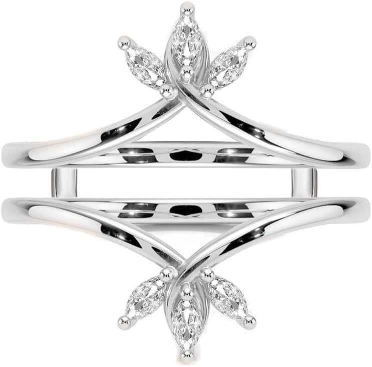 3-Stone Marquise Cut White Diamond Chevron V Shape Enhancer Guard For Women, 14K Gold Plated 925 Silver April Birthstone Diamond Chevron V Shape Enhancer Wrap Guard Matching Band