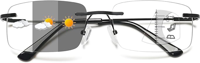 Lanomi Reading Glasses, Frameless Photochromic Progressive Glasses for Women and Men, Blue Light Filter, Rimless, Intelligent, Self-Toning Sun, Reading Aid, Ultralight Titanium Multifocal Glasses