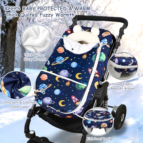 Image of Pea Pod Winter Car Seat Cover for Baby, Infant Car Seat Canopies Cover for Newborn, Warm Plush Fleece Inner Protect Baby from Cold Wind, Space Pattern