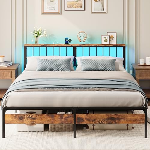 IRONCK Bett 180x200 mit 2 Steckdosen und 1 USB-A + 1 USB-C Anschluss, Bettgestell 180x200 mit LED Beleuchtung, Matellbett mit Lattenrost, Doppelbett...