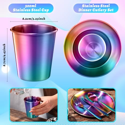 Layhit-30-Pcs-Rainbow-Stainless-Steel-Dinnerware-Set-Include-Set-of-10-Plates-Bowls-Cups-Iridescent-Cooking-Tableware-Reusable-Metal-Dishes-Cutlery-Bulk-for-Camping-Picnic-Kitchen-Dessert-Salad-Dinner