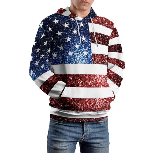 U.S. Flag Red Blue Sparkles Glitters Hoodies for Men 3D Print Pullover Hooded Drawstring Loose Sweatshirt with Big Pockets4