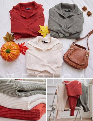ZESICA Women’s Fall Lapel Collar V Neck Long Sleeve Ribbed Knit Comfy Loose Casual Pullover Sweater Jumper Top