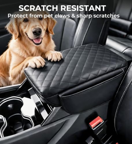 Image of Center Console Cover for Jeep Grand Cherokee L 2026 2025 2024 2023 2022 2021, 1.2-Inch Thick PU Leather Middle Armrest Cushion Protector Pad with 2 Side Pockets, Black