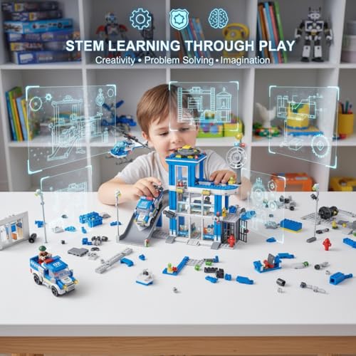 Image of SKY LINE OCEAN Police Station Slider Building Block Set, 601+ PCS City Police Playset with Action Slider Feature, Patrol Vehicles & Accessories, STEM Construction Toy | 5 Year Structural Warranty