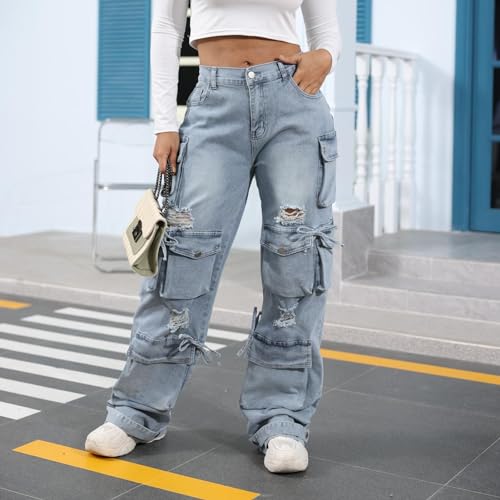 ThusFar Women's High Waist Baggy Jeans Flap Pocket Cargo Pants Loose Denim Pants Streetwear3