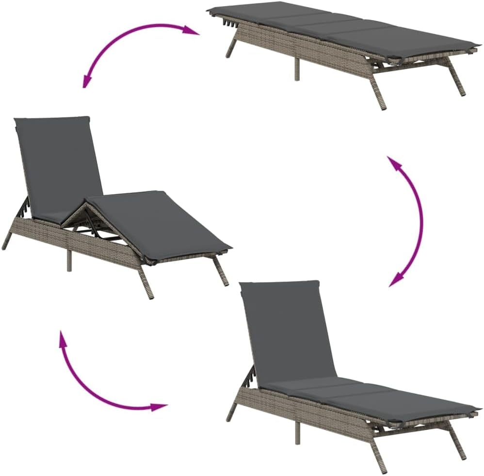vidaXL Modern Grey Poly Rattan Sun Lounger Set with Side Table Adjustable Cushions Durable Outdoor Furniture Perfect for Patios Balconies and Poolside Lounging Garden Daybed Cushioned Chaise Balcony