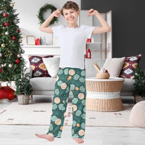 Boy's Pj Pants Leaf Lines Circle Dots Dark Green Lounge Bottoms Elastic Waist Kids Joggers with Pockets Size 6-142