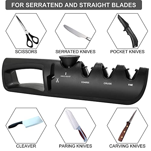Knife Sharpeners, Professional 4 In 1 Sharpening Stones With Scissor, 6 Step Adjustable Angle Guide Knives Sharper Tool For Chef's Kitchen Knife And Scissors（Black） #TOP5