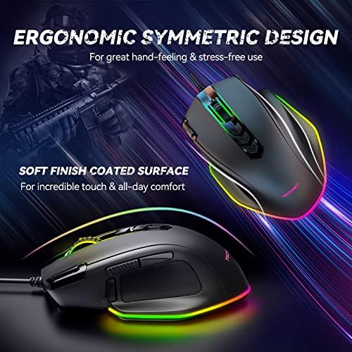 TECKNET RGB Gaming Mouse, Wired PC Gaming Mice With 11 Programmable Macro Buttons & Fire Button, 8 RGB Backlit, 10000 DPI Adjustable Laptop Gaming Mice, Ergonomic Gaming Mouse for PC Windows/Vista