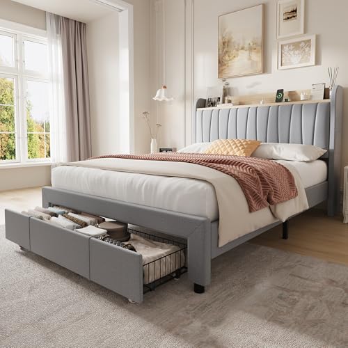 GarveeHome Upholstered Bed Frame with Storage Headboard and Charging Station, Platform Bed Frame with Drawers, Heavy Duty, No Box Spring Needed, Easy Assembly, Grey, Queen Size Grey Queen