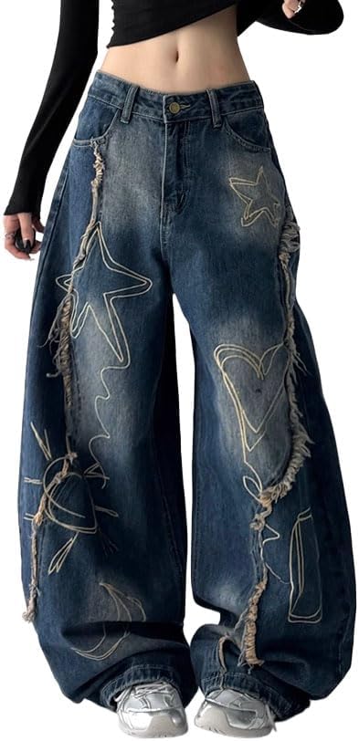Unisex Y2K Graffiti Baggy Jeans – Vintage Wide Leg Oversized Streetwear Denim Pants with Star Heart Print