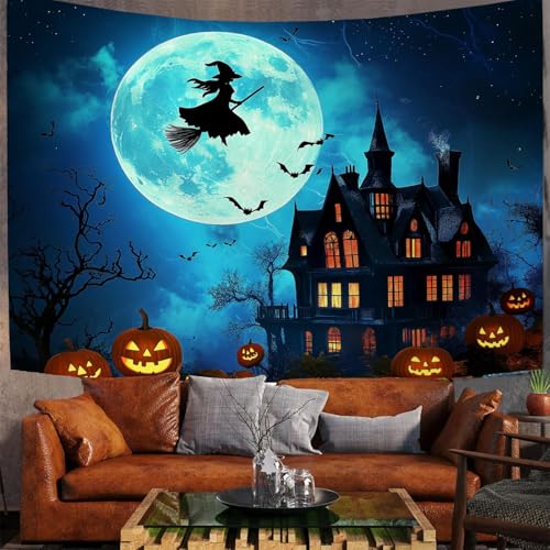 Tapiz de bruja lunar en poliéster azul real para pared de dormitorio, 230x150cm