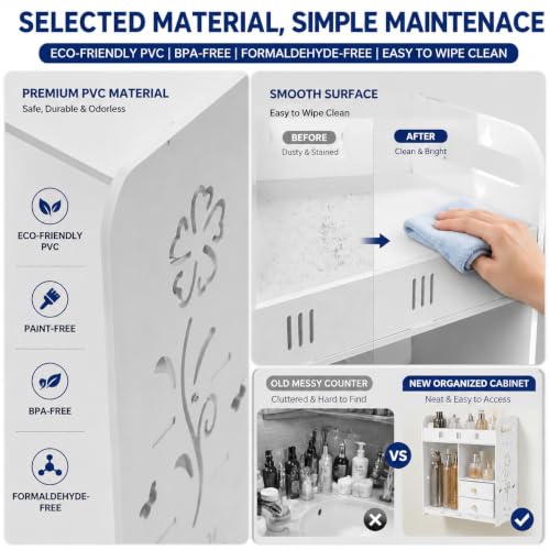 Armario de baño empotrado en pared con 2 cajones, organizador de medicamentos de PVC, impermeable, ahorrador de espacio, capacidad de 33 lb, con baranda elevada miniatura 6