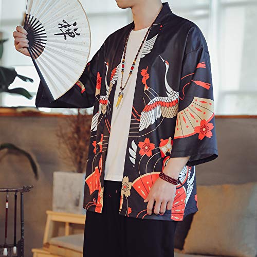 Image of PRIJOUHE Men's Lightweight Kimono Jacket Seven Sleeve Open Front Cardigan Coat Japanese Style Bathrobe