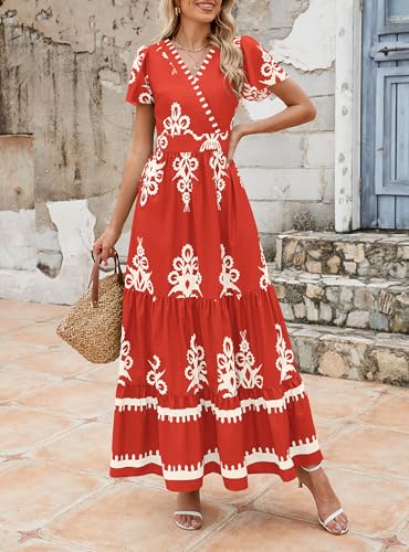 Image of PRETTYGARDEN Womens 2026 Summer Casual V Neck Boho Maxi Dress Flowy Aline Bell Sleeve Tiered Floral Dresses with Pocket