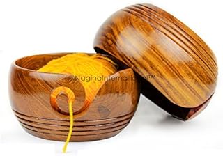 Solid Teak Wood Crafted Wooden Yarn Ball Storage Bowl with Spiral Yarn Dispenser & Decorative Rings | Knitting Crochet Accessories | Nagina International (Rosewood, Large)