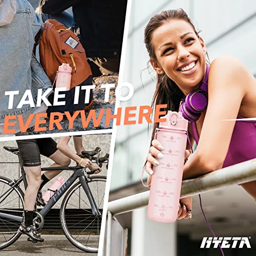Image of Hyeta Plastic Water Bottle With Straw & Time Marker, 32oz Leakproof Jug | Motivational Tritan BPA Free Gym Office Outdoor Intake Tracker Hourly Reminder Straw Lid Lightweight