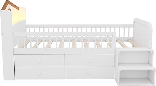 Miniatura 66 de Cama de plataforma de tamaño individual con cabecera de almacenamiento y luz LED integrada, base de cama de plataforma de madera con barandilla de