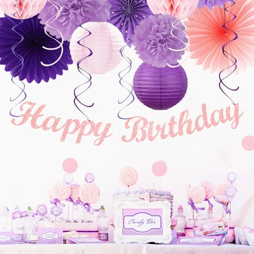 Image of Purple Lilac-Lavender Pink Women Birthday Party-Decorations - 21pcs Happy Banner,Paper Lanterns Honeycomb,Tissue Pom Poms Flower Fan,Classroom Hanging Streamers Garland,Girls Decor Supplies Huglony
