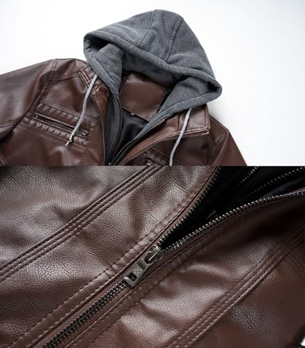 Image of INVACHI Men's Faux Leather Motorcycle Bomber Jacket with Removable Hood