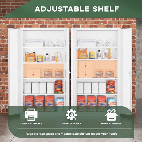 Image of Greenvelly Metal Storage Cabinet, 72 inch Locking Metal Garage Storage Cabinet with Doors and 4 Adjustable Shelves, Lockable Steel Cabinets for Home Office, Garage, Shop, School (White 36 inch W x 18 inch D)