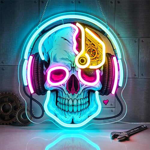 Image of Skull Neon Sign with Headphones,LED Gaming Neon Light,Dimmable USB Powered Neon Wall Sign for Gamer Room, Bedroom, Man Cave, Cool Aesthetic Neon Sign