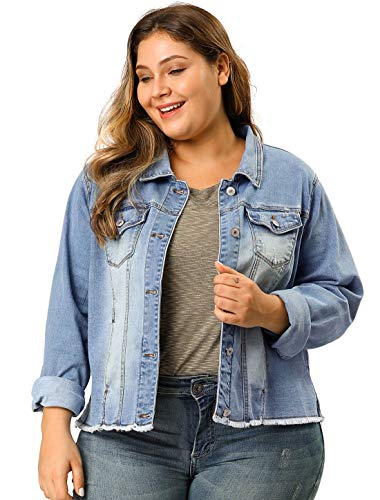 Agnes Orinda Women's Plus Size Classic Washed Front Frayed Denim Jacket