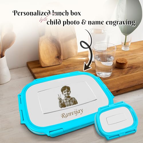 Image of SAVRI Personalized Kids Stainless Steel Lunch Box Blue- Customized Photo & Name Laser Printed Tiffin Box | Leakproof School Snack Storage for Boys & Girls | Birthday Return Gift, Daycare & Picnic Use