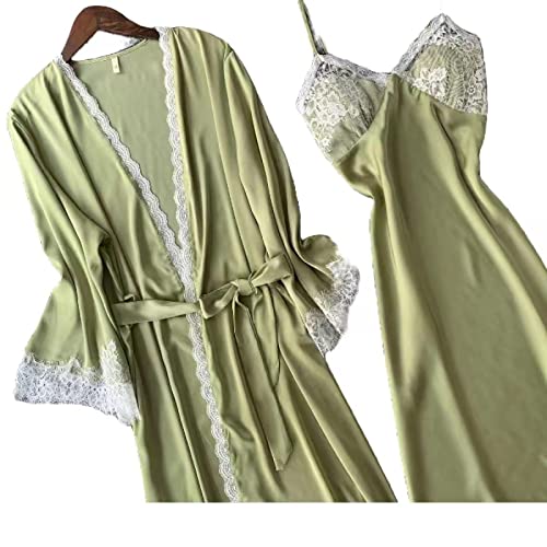 HDNCJFLEQ Pyjama en soie glacée pour femme - Chemise de nuit d'été à manches longues - Pyjama sexy en soie glacée - Dentelle étendue froncée - Blanc, noir, bleu, vert - Trois tailles M (8300) Cover