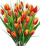 Guagb 8 Bundles Outdoor Artificial Tulips Fake Flowers UV Resistant Faux Plastic Greenery Shrubs...
