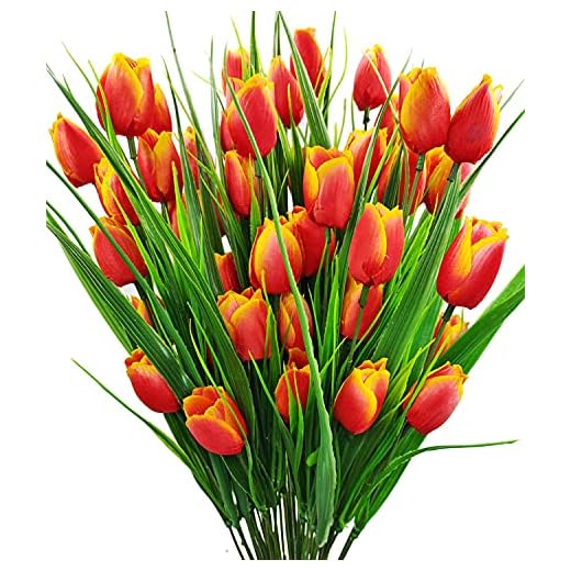Guagb 8 Bundles Outdoor Artificial Tulips Fake Flowers UV Resistant Faux Plastic Greenery Shrubs Plants for Home Outside Garden Porch Window Farmhouse Decor (Orange)