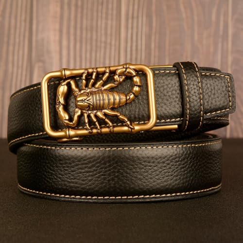 Men's Stitching Leather Ratchet Adjustable Belt Gold Animal Shape Sliding Buckle Vintage Engraved Dress Casual Strap2