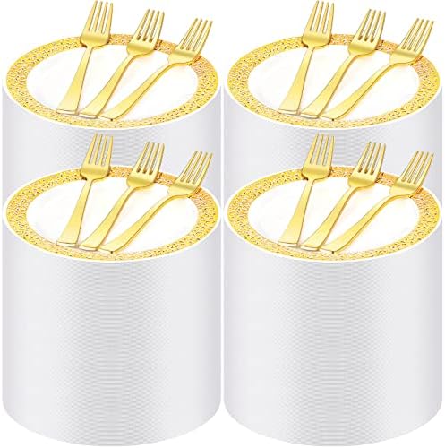 Gandeer 150 Pieces Disposable Cake Plate 7.5'' 150 Disposable Forks Lace Design Appetizer Plastic Dessert Plates Forks Fancy Plastic Tableware Bulk Wedding Reception Parties Holidays(Gold)