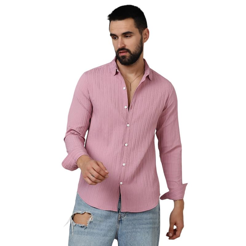 Image of CAHOOT Men's Self-Design Striped Shirt for Casual Wear | Spread Collar | Long Sleeve | Button Closure | Shirt Crafted with Comfort Fit for Everyday Wear