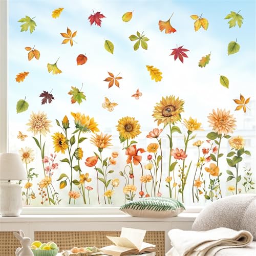decalmile Fensteraufkleber Herbst Blätter Fensterbilder Herbst Fenster Abziehbilder SonnenBlumen Ahornblätter Lastwagen Anti-Kollision Fensterfolie Glas Fensterdeko Aufkleber