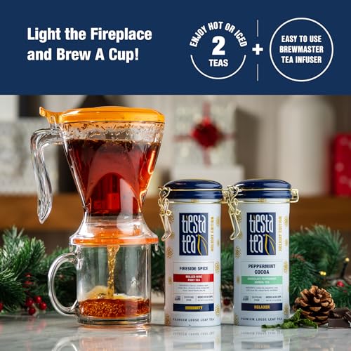 Image of Tiesta Tea - Brewmaster and Cozy Fireside Tea Gift Set, Non-Caffeinated Loose Leaf Holiday Tea Blends with Infuser, Includes 16oz Tea Infuser & 2 Refillable Tins, Fireside Spice & Peppermint Cocoa