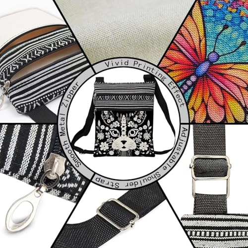 Floral Cat Face Messenger Bag Small Ethnic Pattern Printed Adjustable Strap Crossbody Zipper Bag Floral Cat Face Phone Bag Wallet Cute Shoulder Handbag for Women Friends -34