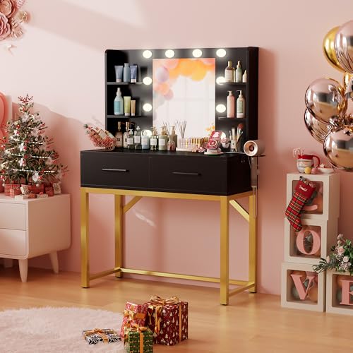 Image of Furmax Vanity Desk with Mirror and Light Bulb, Small Makeup Vanity Table with Drawers, Dressing Table with Power Outlet and Hair Dryer Holder for Bedroom (Black & Gold)