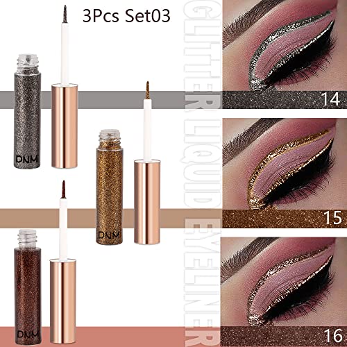 Dnm 3Pcs Liquid Glitter Gold Eyeliner Set Delineadores De Colores Para Ojos Glitter Shimmer Metallic Sparkle Dark Silver Brown Gold Red Eyeliner Liner Set Eye Glitter Makeup Glue For Eyes 14+15+16 #TOP1