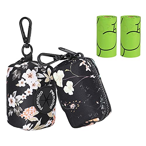 Image of Petmolico Dog Poop Bag Holder Leash Attachment, Waste Bag Dispenser Zippered Pouch - 2 Pack, Fits Any Leash, Includes Free Roll of Bags, Yellow White Blooming