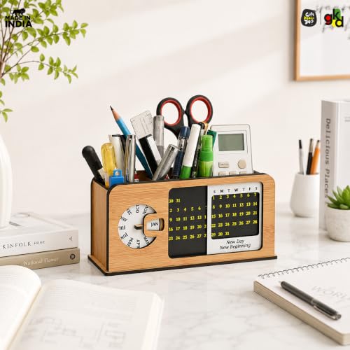 Image of GKD Wooden Desk Organizer with Perpetual Calendar & Pen Stand for Office Desk, Study Table Accessories, Multipurpose Stationery Holder with 3 Compartments, Retro Radio Design Table Decor for Home, Office & Students